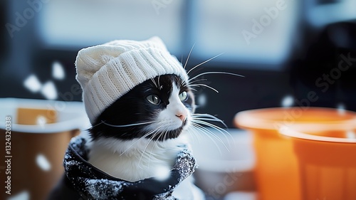 Tablou pe pânză Black and white cat wearing a knitted beanie and scarf sitting at an outdoor caf