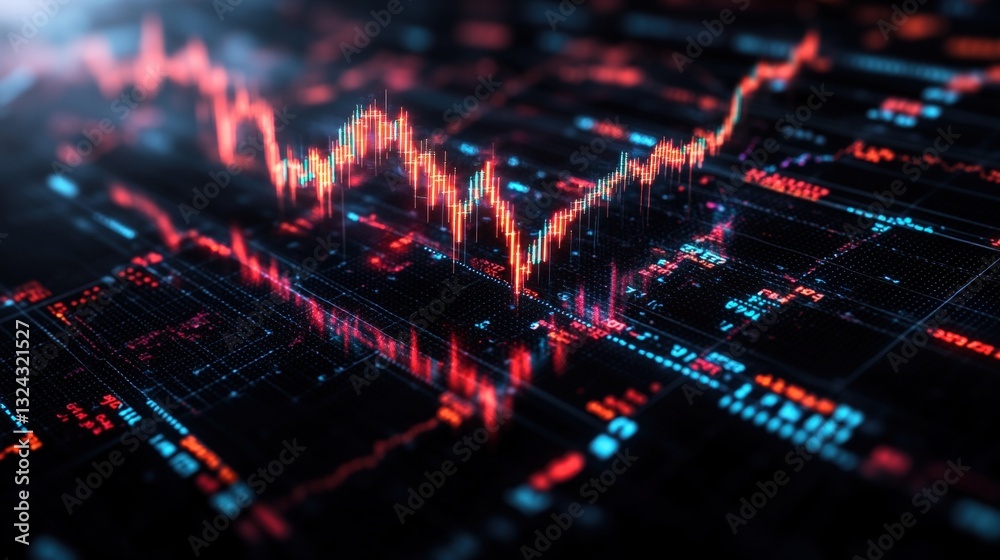 Fototapeta premium Dynamic stock market display featuring red and blue charts illustrating financial trends on a digital interface
