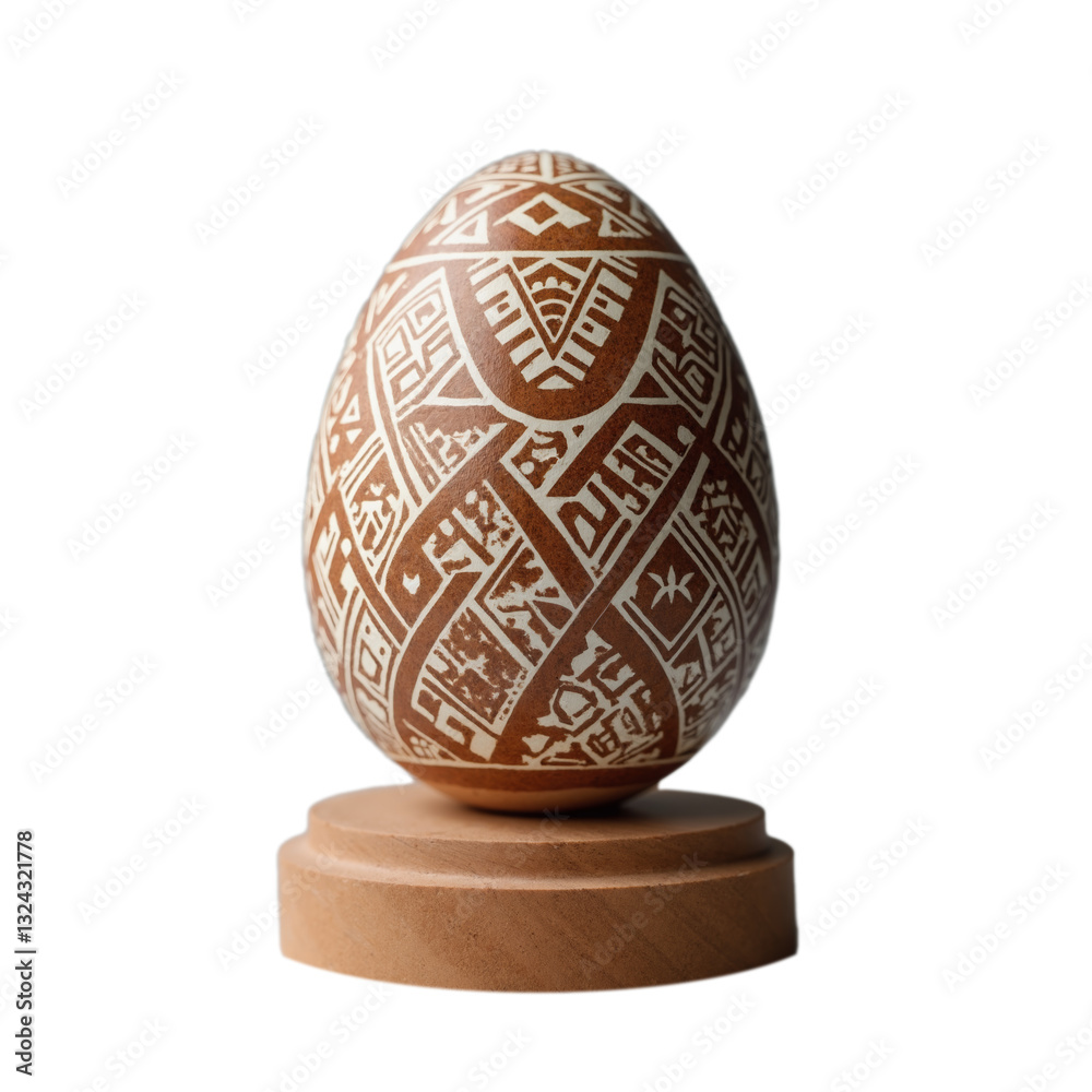 Intricately designed wooden easter egg with geometric patterns and natural hues