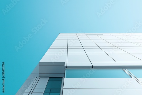 Sleek Modern Building with White Cladding and Large Glass Windows Against a Clear Blue Sky, Emphasizing Minimalist Design and Geometric Shapes