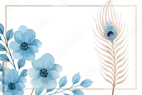 Watercolor beautiful flowers and peacock feathers on white background