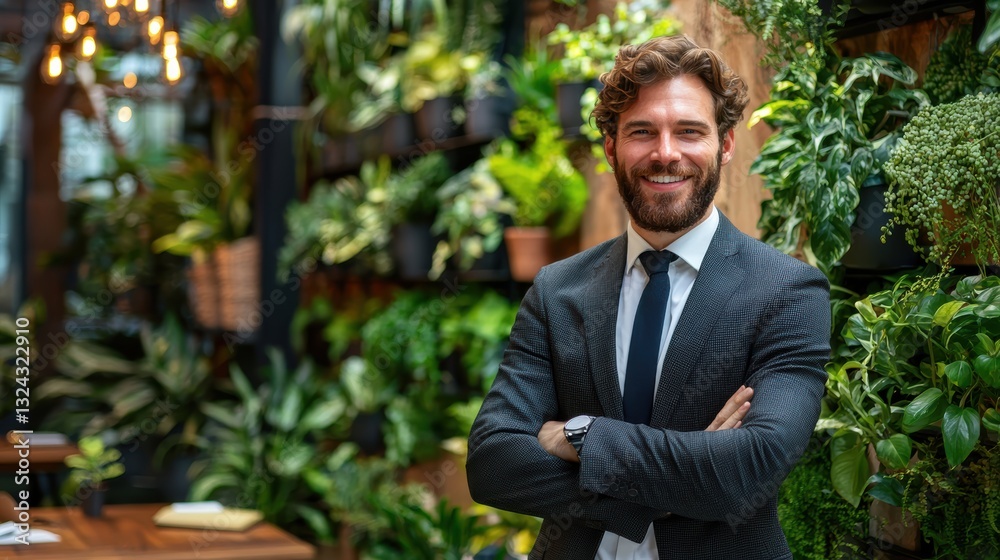 confident business professional stands in lush, green environment filled with plants, showcasing blend of nature and modernity confident business professional stands in lush, green environment filled with plants, showcasing blend of nature and modernity