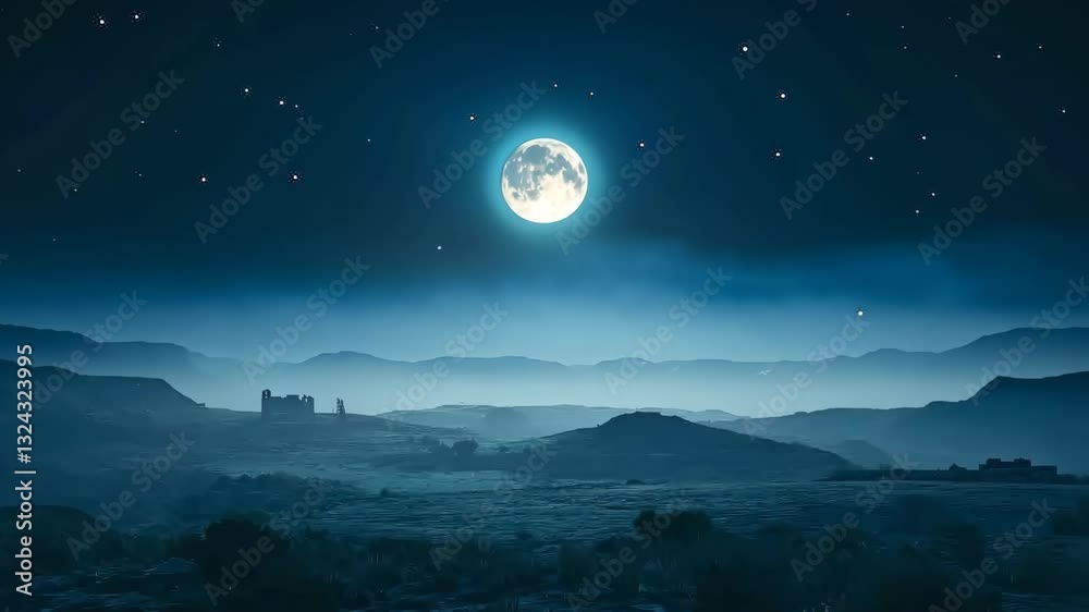 Lunar Serenity: A full moon illuminates a serene landscape, casting a gentle glow over rolling hills and a distant castle under a starlit night sky. Lunar Serenity: A full moon illuminates a serene landscape, casting a gentle glow over rolling hills and a distant castle under a starlit night sky.