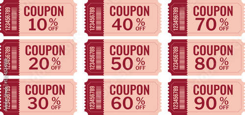 Set of discount coupons with different discount amounts.