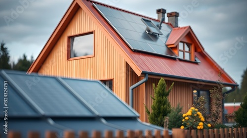 Close-up of new suburban house with a photovoltaic system on the roof. Modern eco friendly passive house with solar panels on the gable roof, with sunlight in the morning vibes