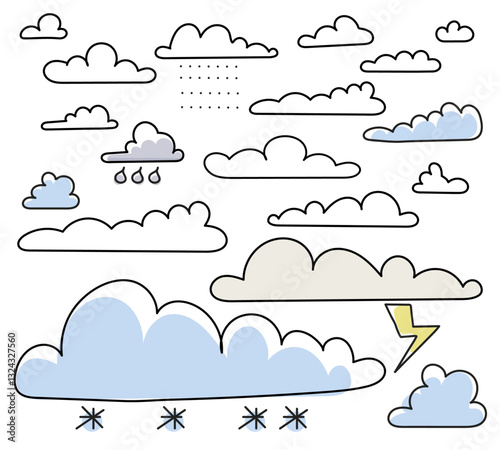 Vektorsammlung von Wolken 
in verschiedenen Formen und Größen. 
Wolkensymbol, Blitz, Regen, Schnee für Design, Website, Logo, App, UI, grafische Wolkenumrisse, Wolkenlinien, 