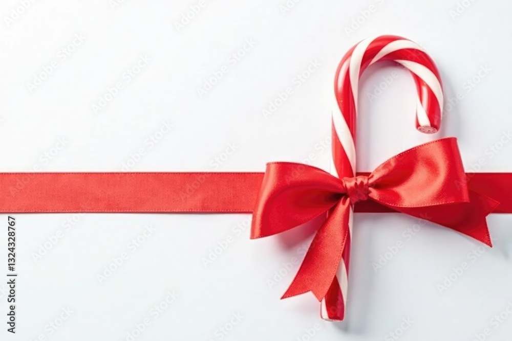 Red ribbon wrapped around a striped candy cane on white background, white background, ribbons and bows Red ribbon wrapped around a striped candy cane on white background, white background, ribbons and bows