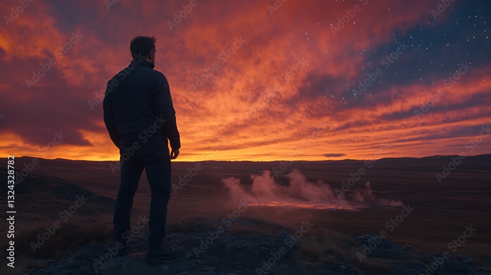 Man Contemplating Geothermal Sunset Man Contemplating Geothermal Sunset