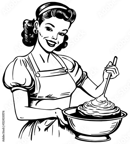 Illustration in black of a 1950s style woman in an apron and stirring batter in a bowl