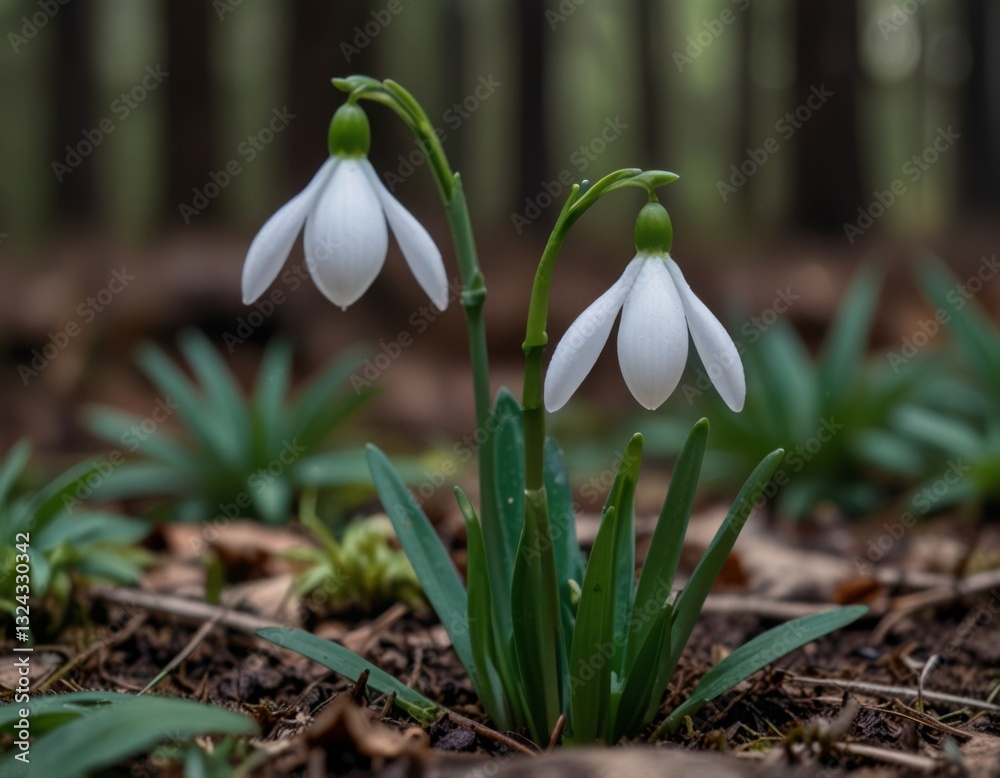 Fototapeta premium snowdrops against the forest background