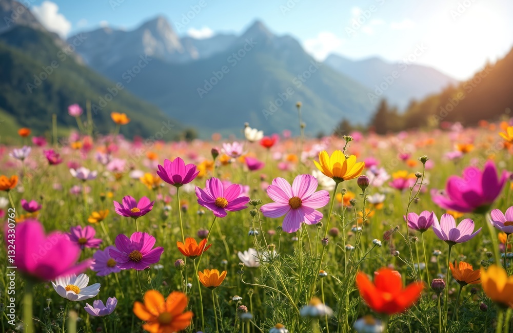 Picturesque mountain meadow with cosmos flowers, colorful vibrant sunny landscape. Spring, summer scenic nature. Wildflowers field blooms with mountains backdrop, blue sky. Vacations, holiday Picturesque mountain meadow with cosmos flowers, colorful vibrant sunny landscape. Spring, summer scenic nature. Wildflowers field blooms with mountains backdrop, blue sky. Vacations, holiday