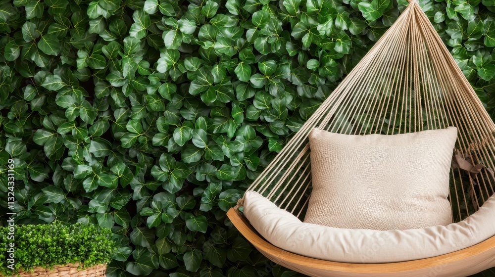 Fototapeta premium Garden Hammock Corner Concept, Cozy Hammock Nestled in a Serene Garden Alcove Surrounded by Lush Green Ivy Leaves