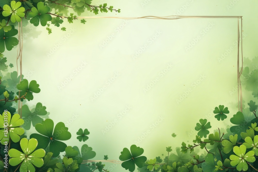 A decorative frame adorned with green clover leaves and branches, set against a soft green background, perfect for St. Patrick's Day themes A decorative frame adorned with green clover leaves and branches, set against a soft green background, perfect for St. Patrick's Day themes