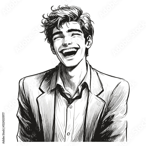 A child bursting into laughter laugh boy black and white line art drawing ink sketch vector hand drawn illustration background
