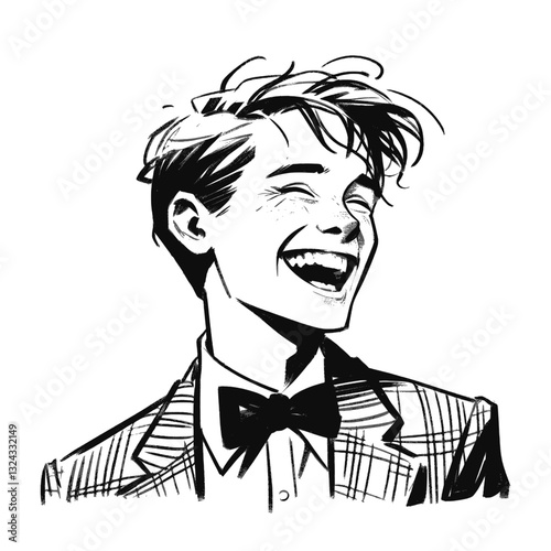 A boy laughing uncontrollably laugh boy black and white line art drawing ink sketch vector hand drawn illustration background