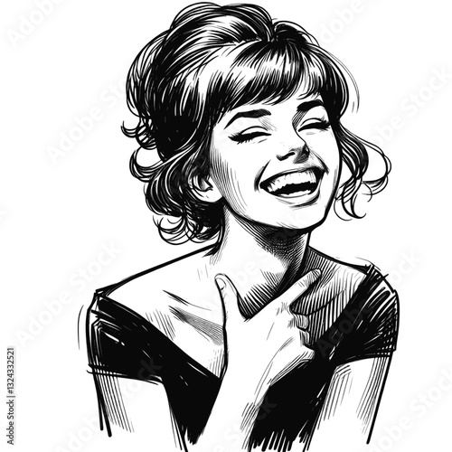 A carefree girl laughing with a radiant smile laugh girl black and white line art drawing ink sketch vector hand drawn illustration background