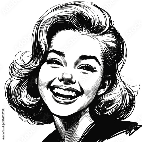 A young girl laughing with her hand over her mouth laugh girl black and white line art drawing ink sketch vector hand drawn illustration background