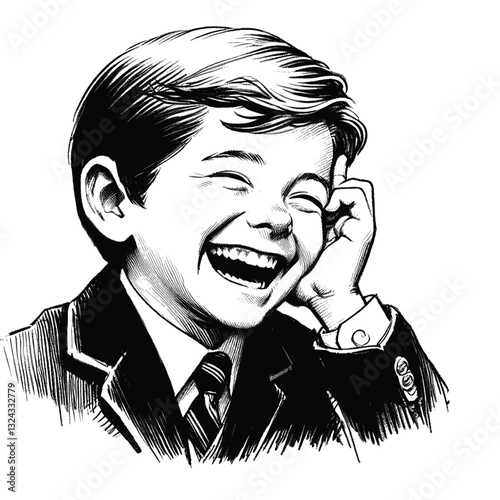 A cheerful child laughing heartily laugh little boy black and white line art drawing ink sketch vector hand drawn illustration background