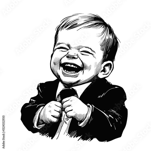 A child laughing with uncontainable joy laugh little boy black and white line art drawing ink sketch vector hand drawn illustration background