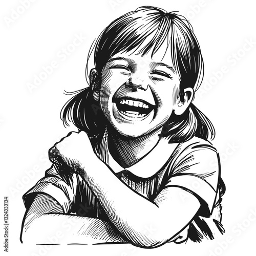 A happy young girl giggling laugh little girl black and white line art drawing ink sketch vector hand drawn illustration background