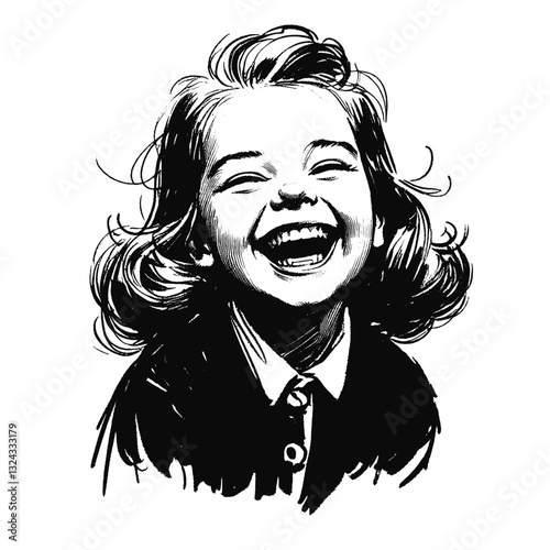 A laugh little girl black and white line art drawing ink sketch vector hand drawn illustration background