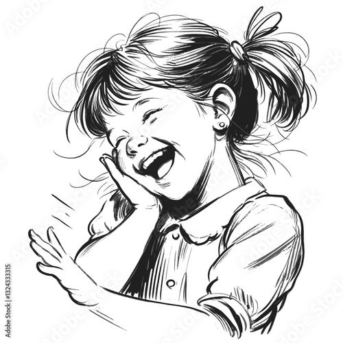 A happy child laughing outdoors, laugh little girl black and white line art drawing ink sketch vector hand drawn illustration background