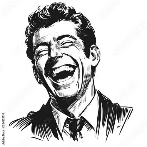 A man enjoying a moment of pure laughter and joy laugh man black and white line art drawing ink sketch vector hand drawn illustration background
