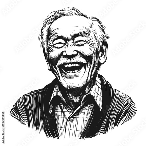 Aged man with a beaming smile laugh old man black and white line art drawing ink sketch vector hand drawn illustration background