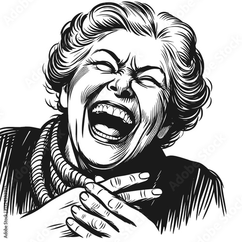 Old woman with a contagious laugh laugh old women black and white line art drawing ink sketch vector hand drawn illustration background