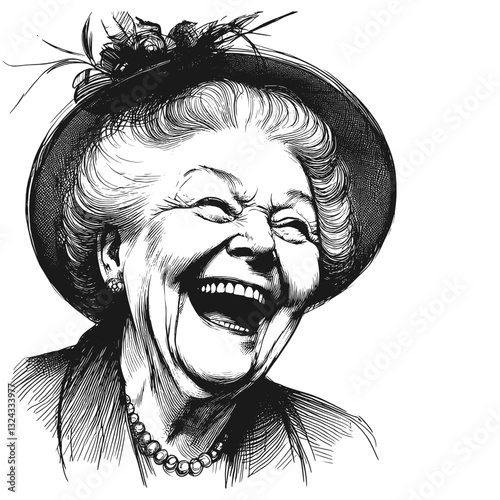 Elderly woman with a wide smile laugh old women black and white line art drawing ink sketch vector hand drawn illustration background