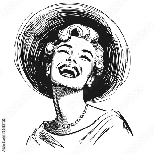 A woman laughing with her hand covering her mouth laugh women black and white line art drawing ink sketch vector hand drawn illustration background