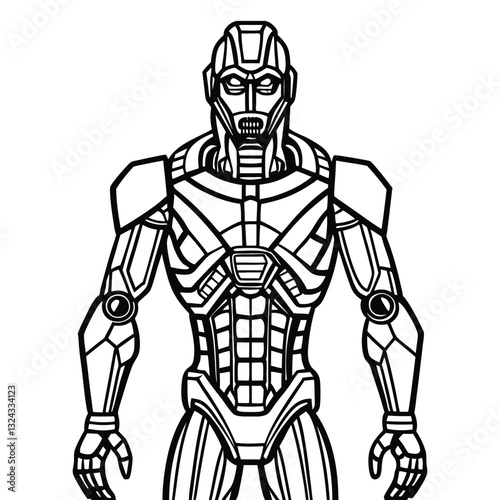 A Futuristic Robot Line Art vector, Sci-Fi Android Cyber Warrior Drawing,AI Robot Coloring Page for kids, Detailed Robot Line Art Sketch, Robot outline, Detailed Robot Line Art Sketch vector clip art.