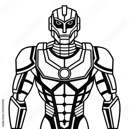 A Futuristic Robot Line Art vector, Sci-Fi Android Cyber Warrior Drawing,AI Robot Coloring Page for kids, Detailed Robot Line Art Sketch, Robot outline, Detailed Robot Line Art Sketch vector clip art.