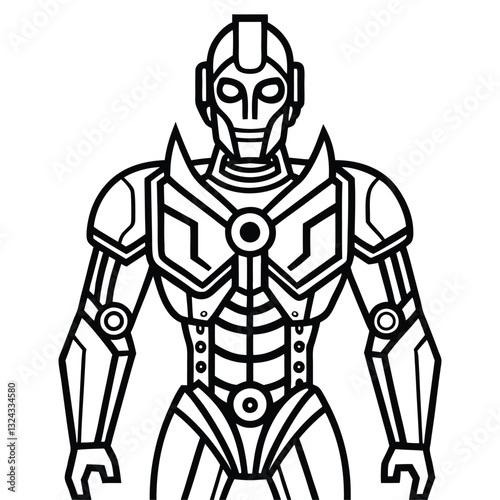 A Futuristic Robot Line Art vector, Sci-Fi Android Cyber Warrior Drawing,AI Robot Coloring Page for kids, Detailed Robot Line Art Sketch, Robot outline, Detailed Robot Line Art Sketch vector clip art.