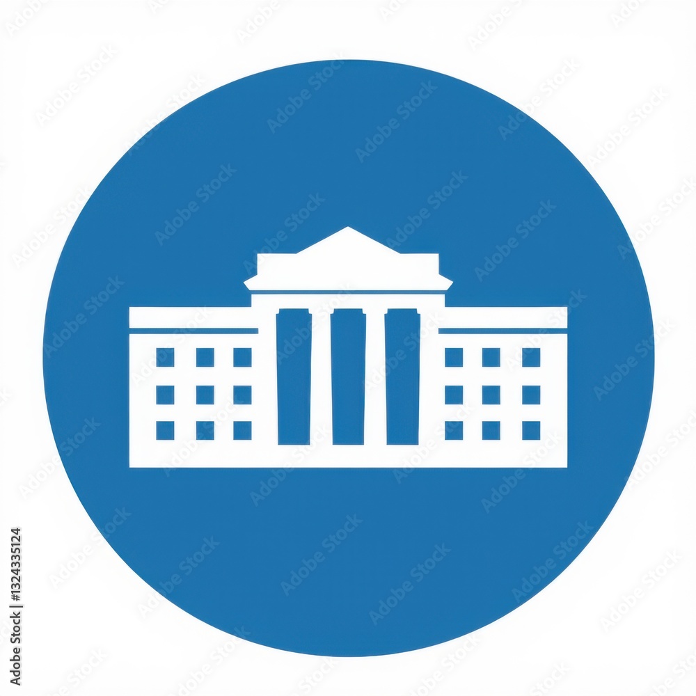 Naklejka premium Icono logo 2D circular azul con la silueta de Casa Blanca, tipo palacio, museo, gran edificio con columnas frontales, techo a dos aguas y ventanas a ambos lados, ala este y oeste, fondo blanco