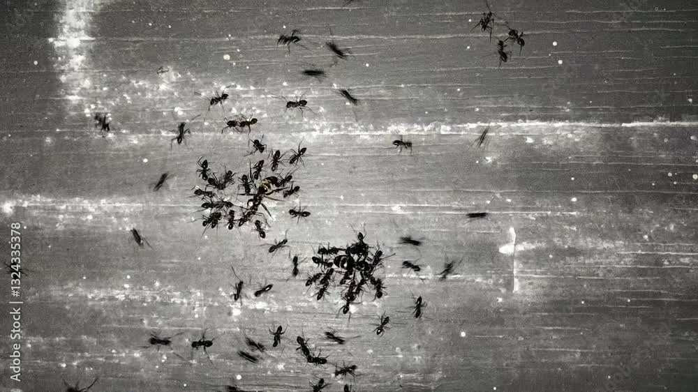 Line of worker ants marching in search of food on white background animation. Ant insect, emmet insects Pismire. Teamwork Pest snthill. Ant insects randomly crawling over screen