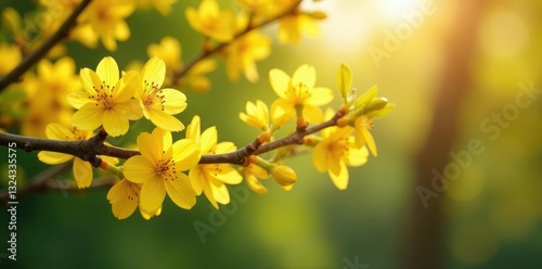 Yellow blooms on Tabebuya branches in warm sunlight, floral arrangement, blooming trees, greenery photo