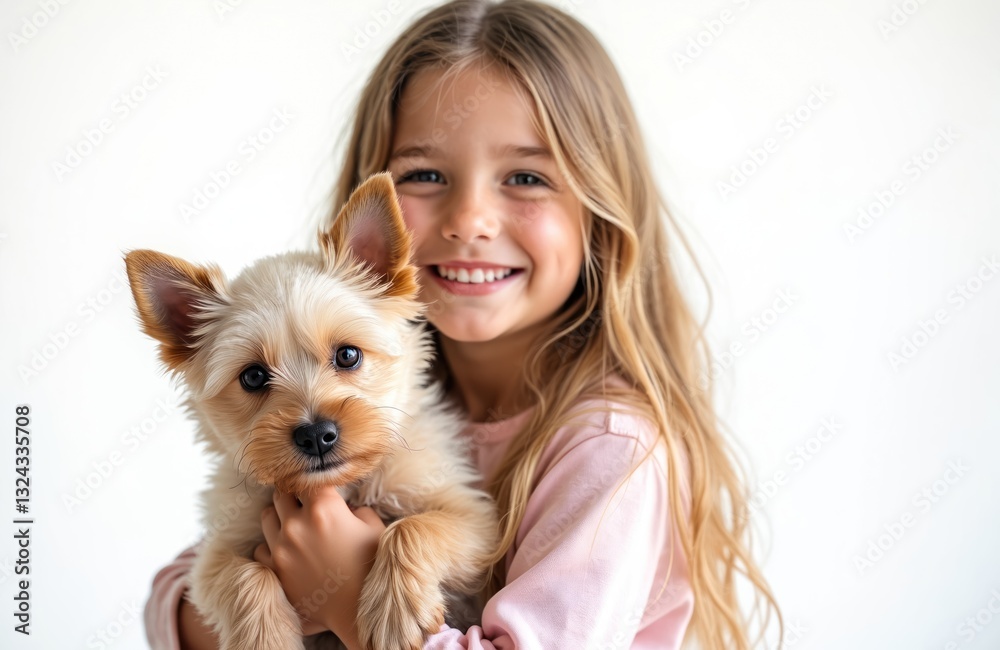 Happy little girl embraces cute Yorkshire Terrier puppy. Smiling child gently holds small dog pet, bonding love. Animal friend, positive emotions, veterinary pet care concept. Happy little girl embraces cute Yorkshire Terrier puppy. Smiling child gently holds small dog pet, bonding love. Animal friend, positive emotions, veterinary pet care concept.
