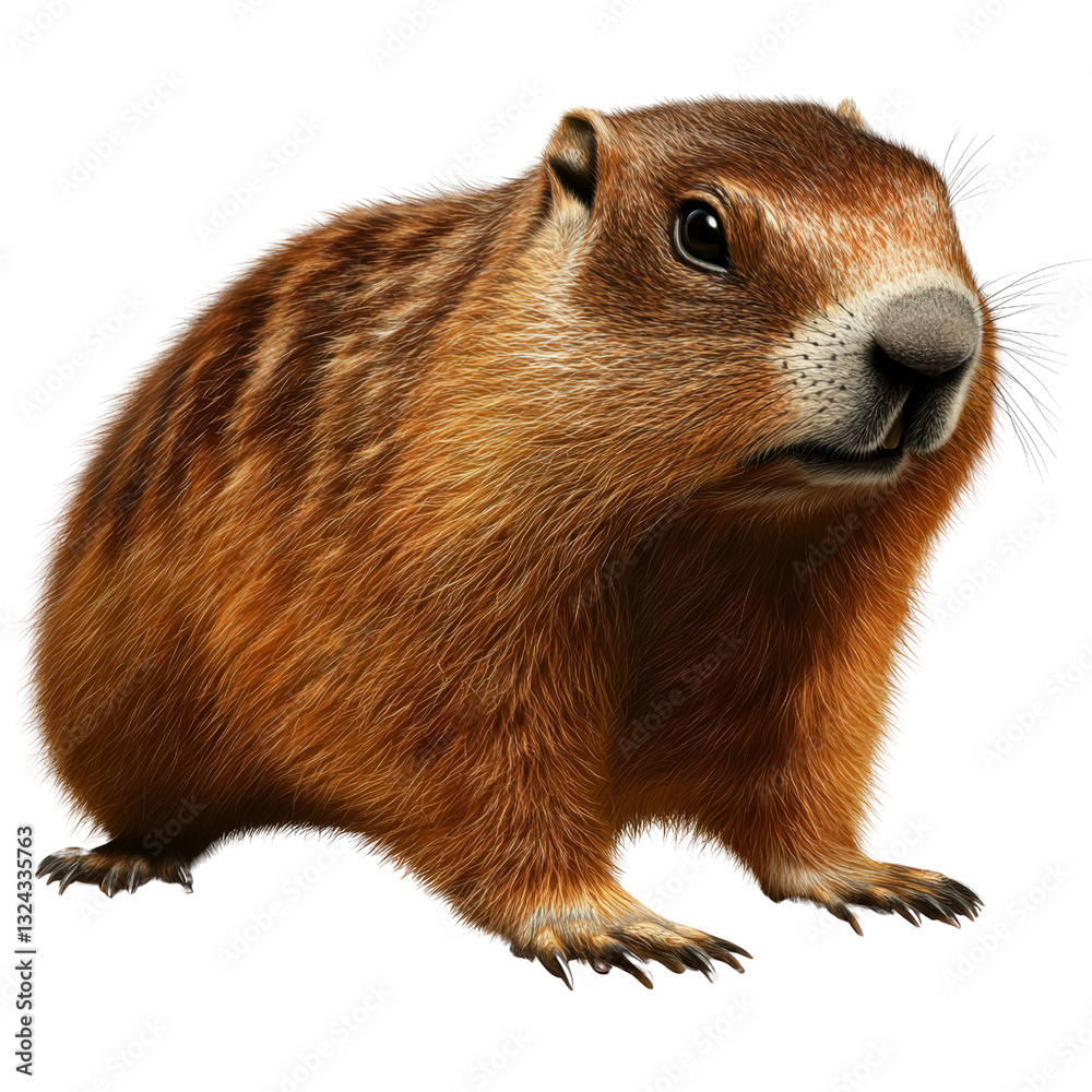 Charming groundhog sitting on grass with a curious expression in a natural outdoor setting isolated on a white background. Charming groundhog sitting on grass with a curious expression in a natural outdoor setting isolated on a white background.