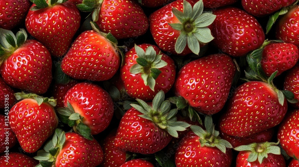 Bright red strawberries cover the surface, showcasing their glossy surfaces and green leafy tops in a stunning arrangement. Bright red strawberries cover the surface, showcasing their glossy surfaces and green leafy tops in a stunning arrangement.