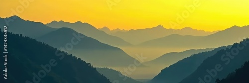 Yellow fog rolling in behind mountains with black background, nature, scenery