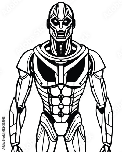 A Futuristic Robot Line Art vector, Sci-Fi Android Cyber Warrior Drawing,AI Robot Coloring Page for kids, Detailed Robot Line Art Sketch, Robot outline, Detailed Robot Line Art Sketch vector clip art.