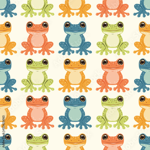 Cute retro color frog seamless pattern, vector background, amphibian animal print, vintage style wildlife, nature textile fabric wallpaper, funny happy toad, kids fashion, trendy decoration, colorful