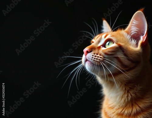 Close-up portrait of orange tabby cat gazing upwards against black background. Expressive green eyes and detailed fur texture are highlighted. Graceful feline pose. Cat lover art.
