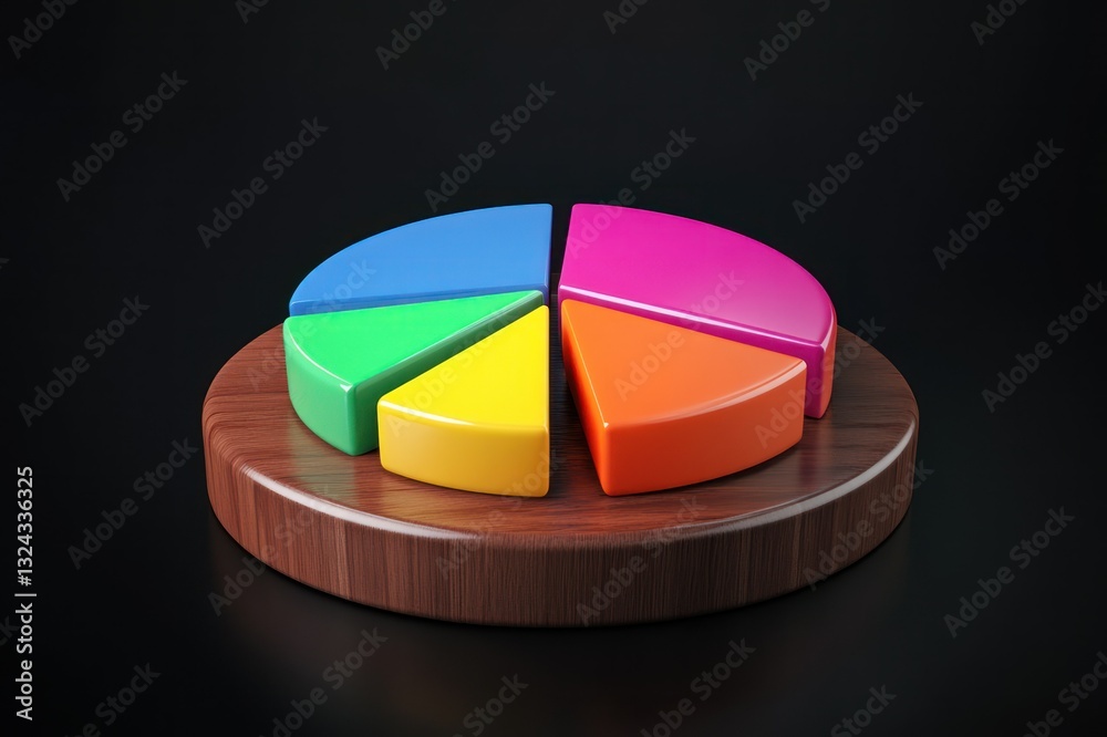 Fototapeta premium Colorful Pie Chart Design on Wooden Base with Black Background for Business Analysis Presentation