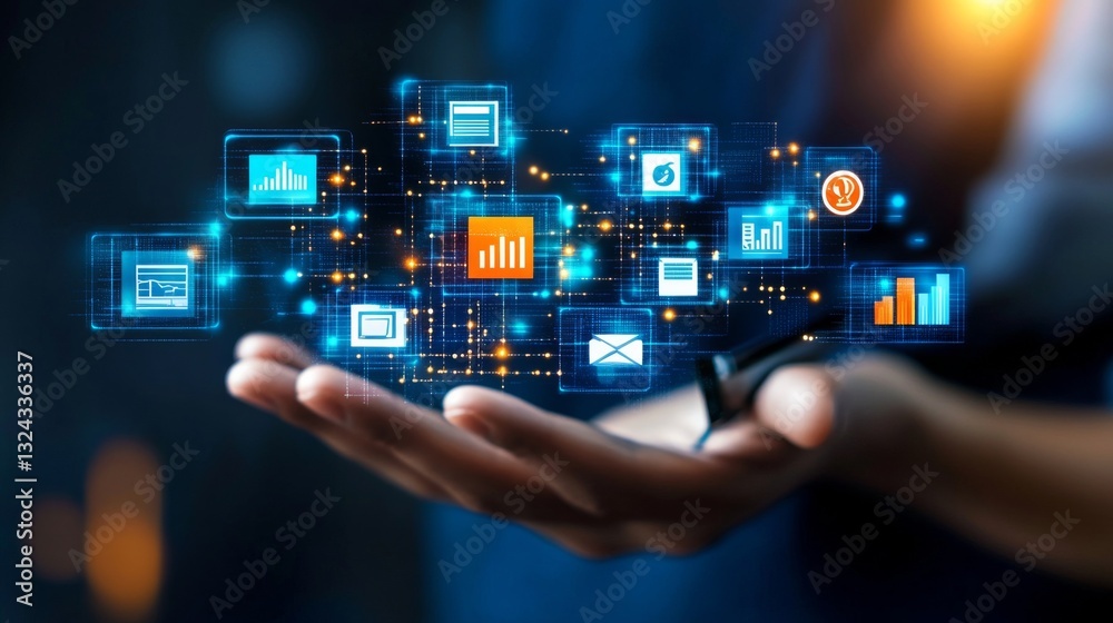 Hand holding a screen with many icons and numbers Hand holding a screen with many icons and numbers