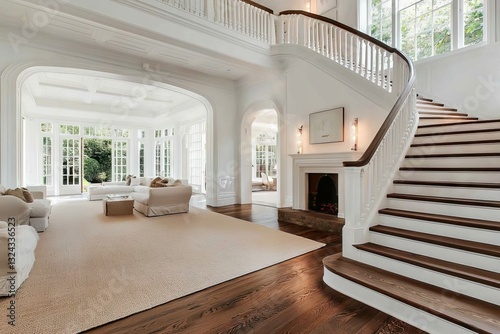 The interior of this house is cozy, featuring a wooden floor, a large gray sofa, and a staircase that leads up to the second floor photo