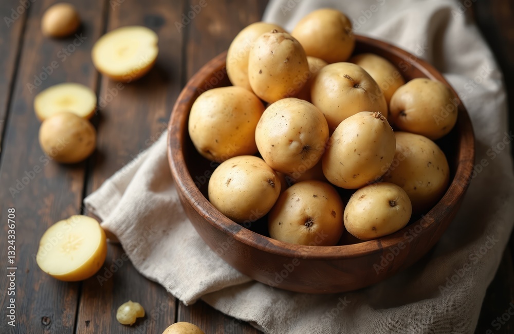Rustic wooden bowl with fresh potatoes lies on farmhouse table near towel. Raw uncooked potato food ingredient, homegrown staple, healthy carbohydrate, natural country style produce from sustainable Rustic wooden bowl with fresh potatoes lies on farmhouse table near towel. Raw uncooked potato food ingredient, homegrown staple, healthy carbohydrate, natural country style produce from sustainable