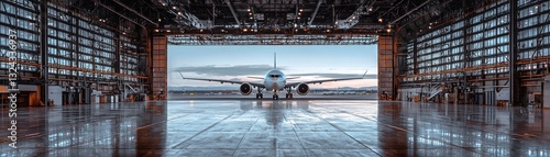 A modern aircraft positioned inside a spacious, well-lit hangar for maintenance.