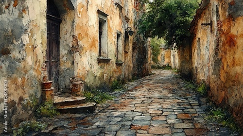  Abandoned European alleyway with inked cobblestones, crumbling walls, and mossy green watercolor washes. Rust tones seep into textures, evoking history and mystery.